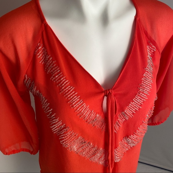 BKE coral beaded layered three quarter sleeve v-neck blouse - Picture 2 of 10